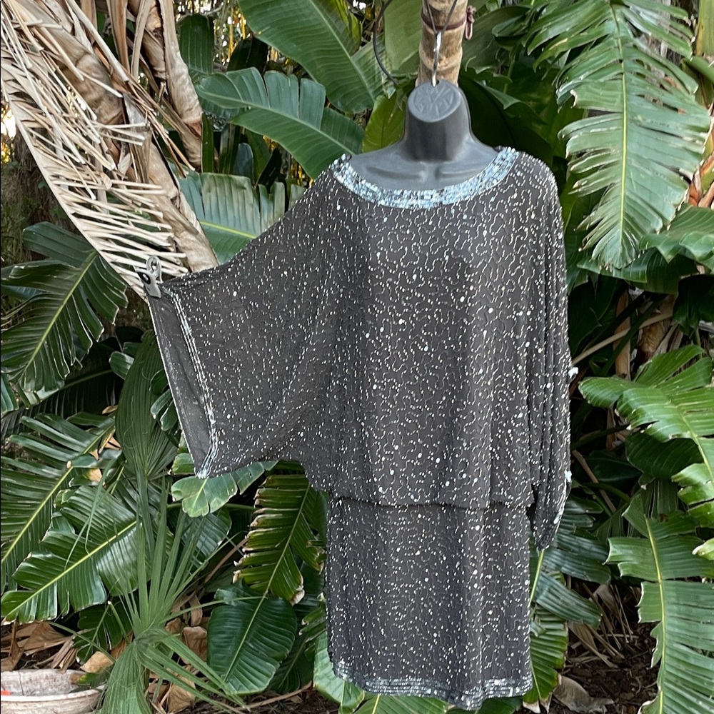 JKara beaded and sequin drop waist dress